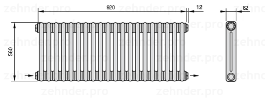 Схема (чертеж) Радиатор Zehnder Charleston 2056/20 №2670 Белый глянцевый RAL 9016
